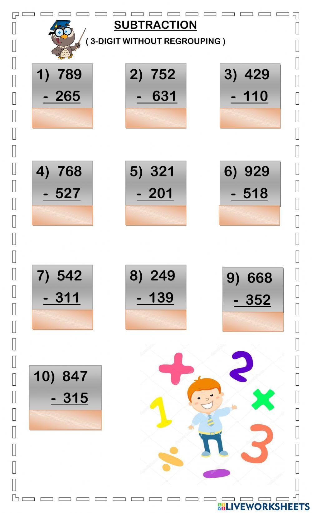 Subtraction without regrouping Math worksheet Live Worksheets