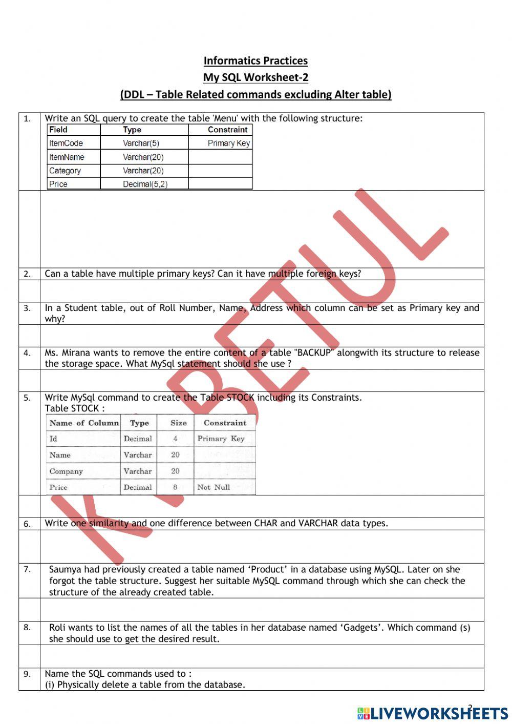 Mysql interactive worksheet | Live Worksheets