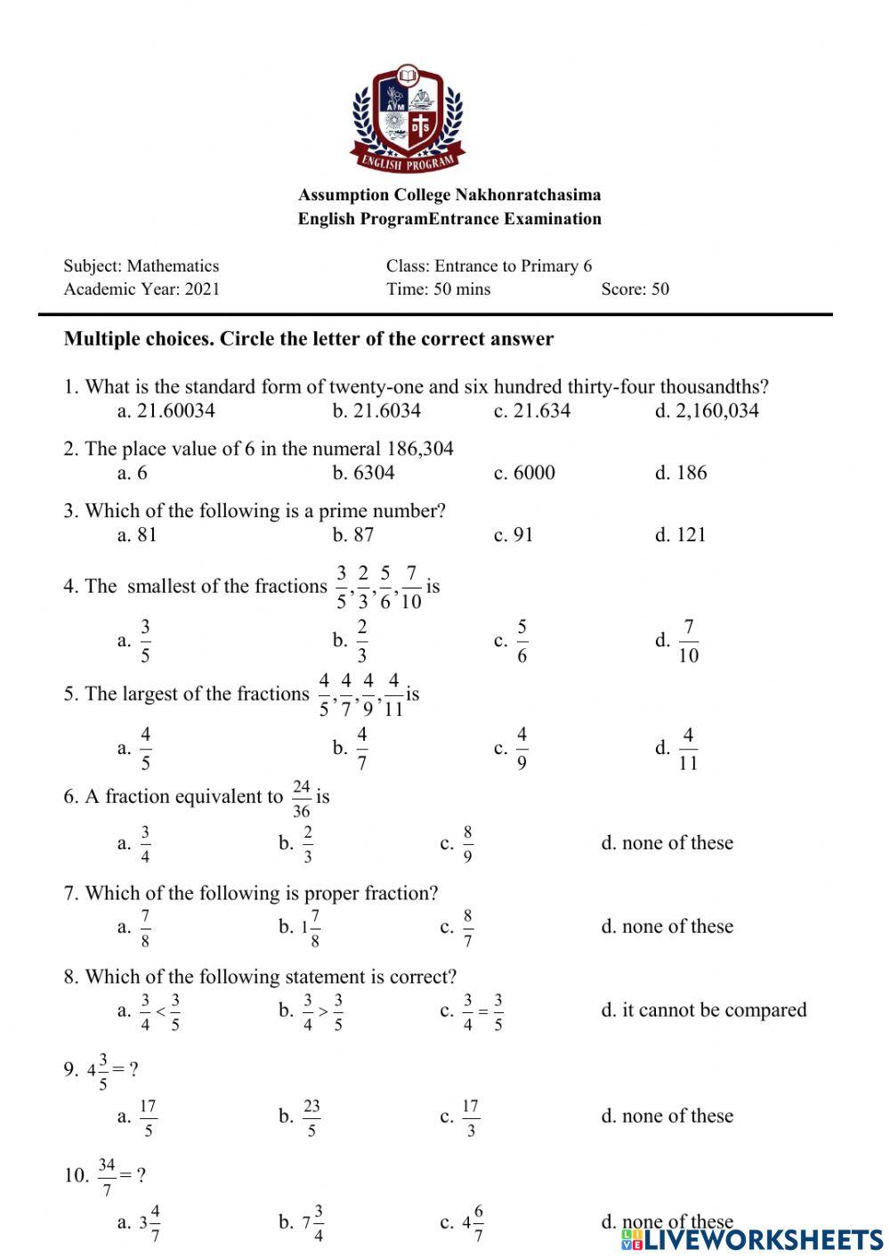 3550386 primary 6 entrance math test ep acn