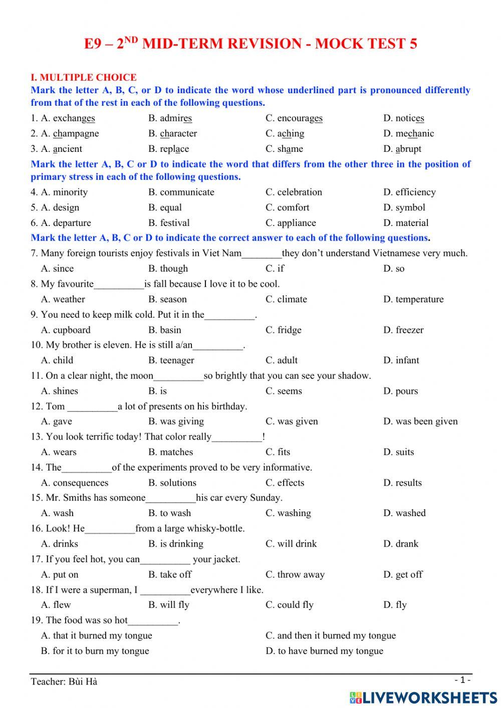 E9 – 2ND MID-TERM REVISION - MOCK TEST 5