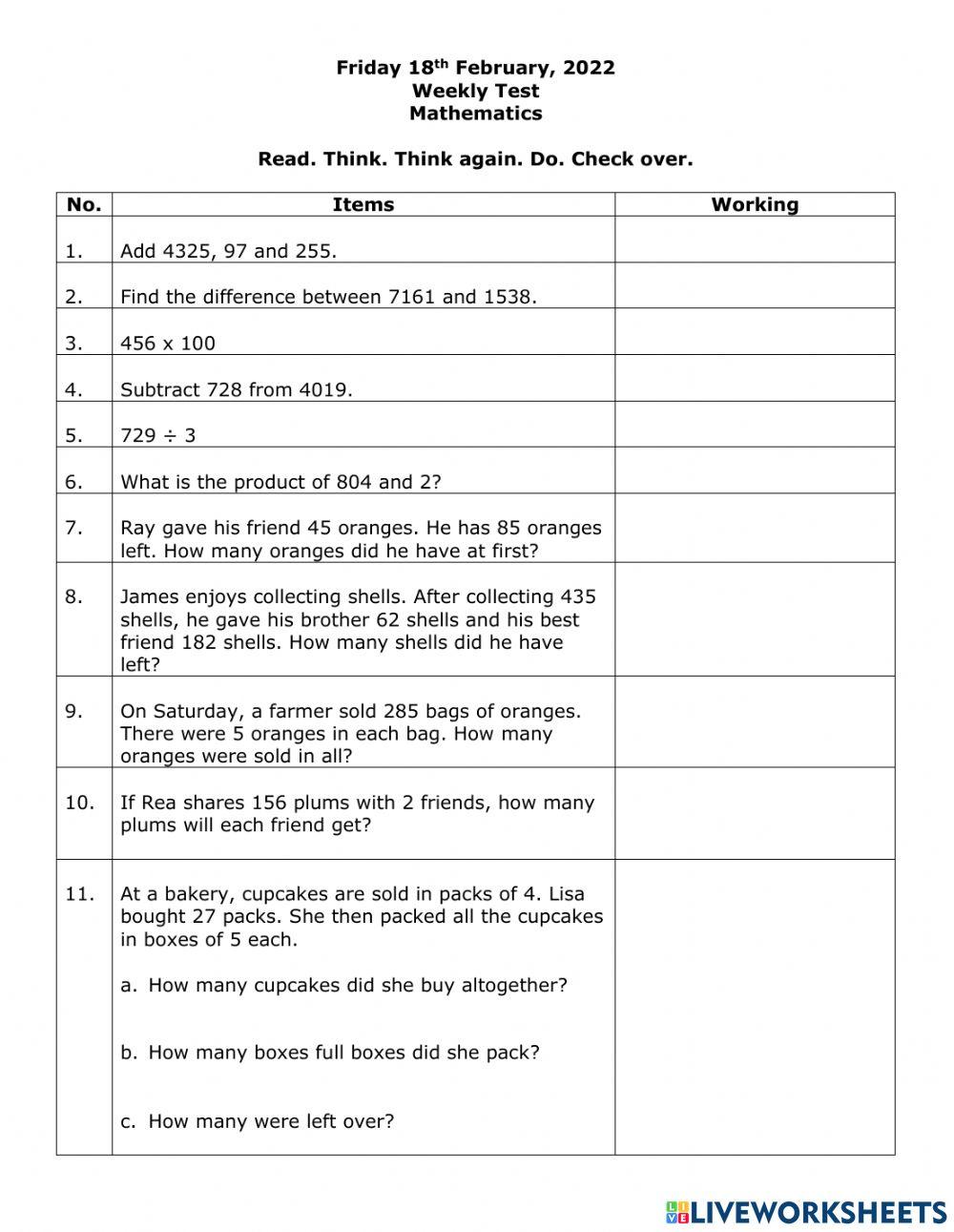 Wt 5 mathematics online exercise for live worksheets