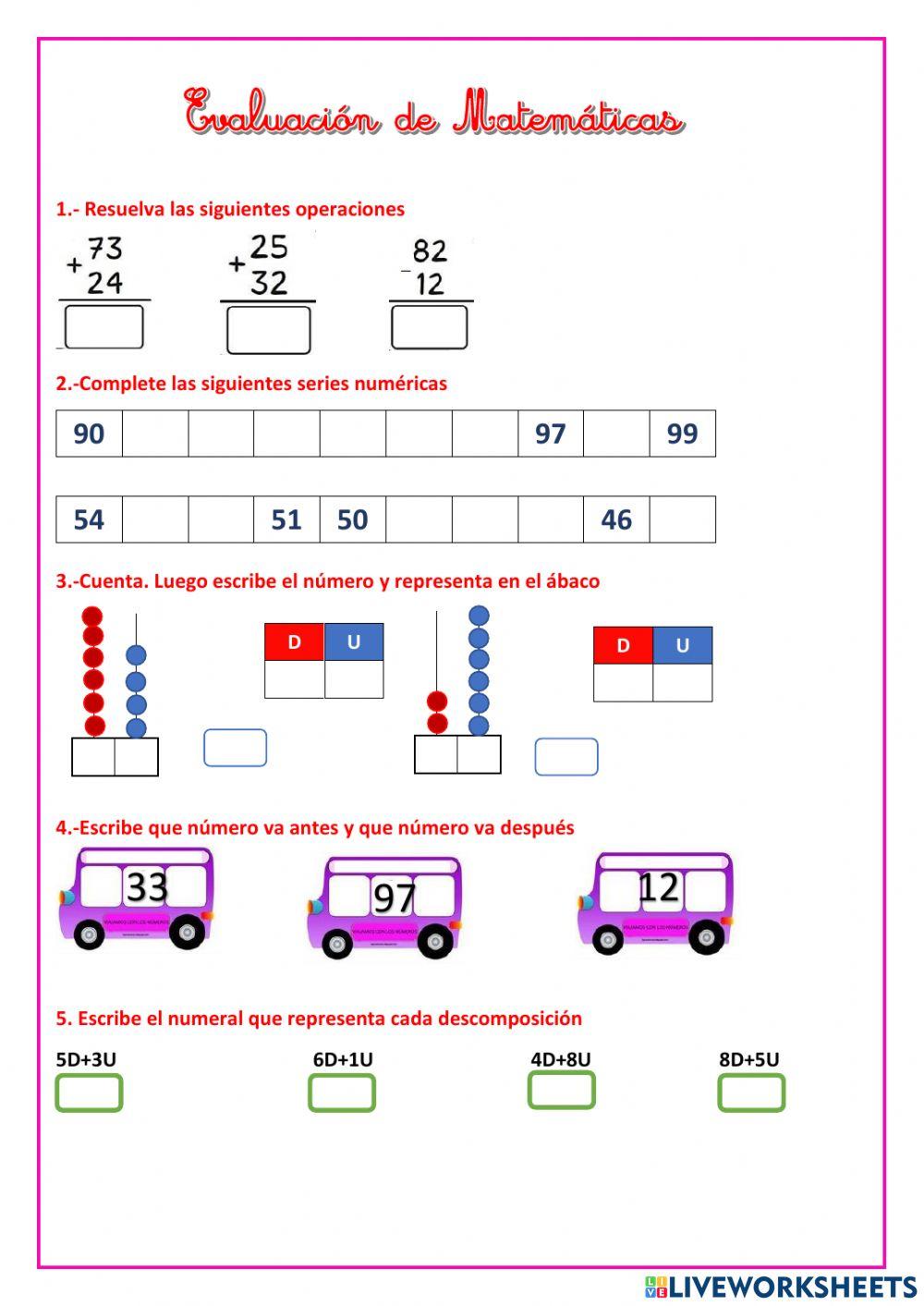 Evaluación de números hasta el 99