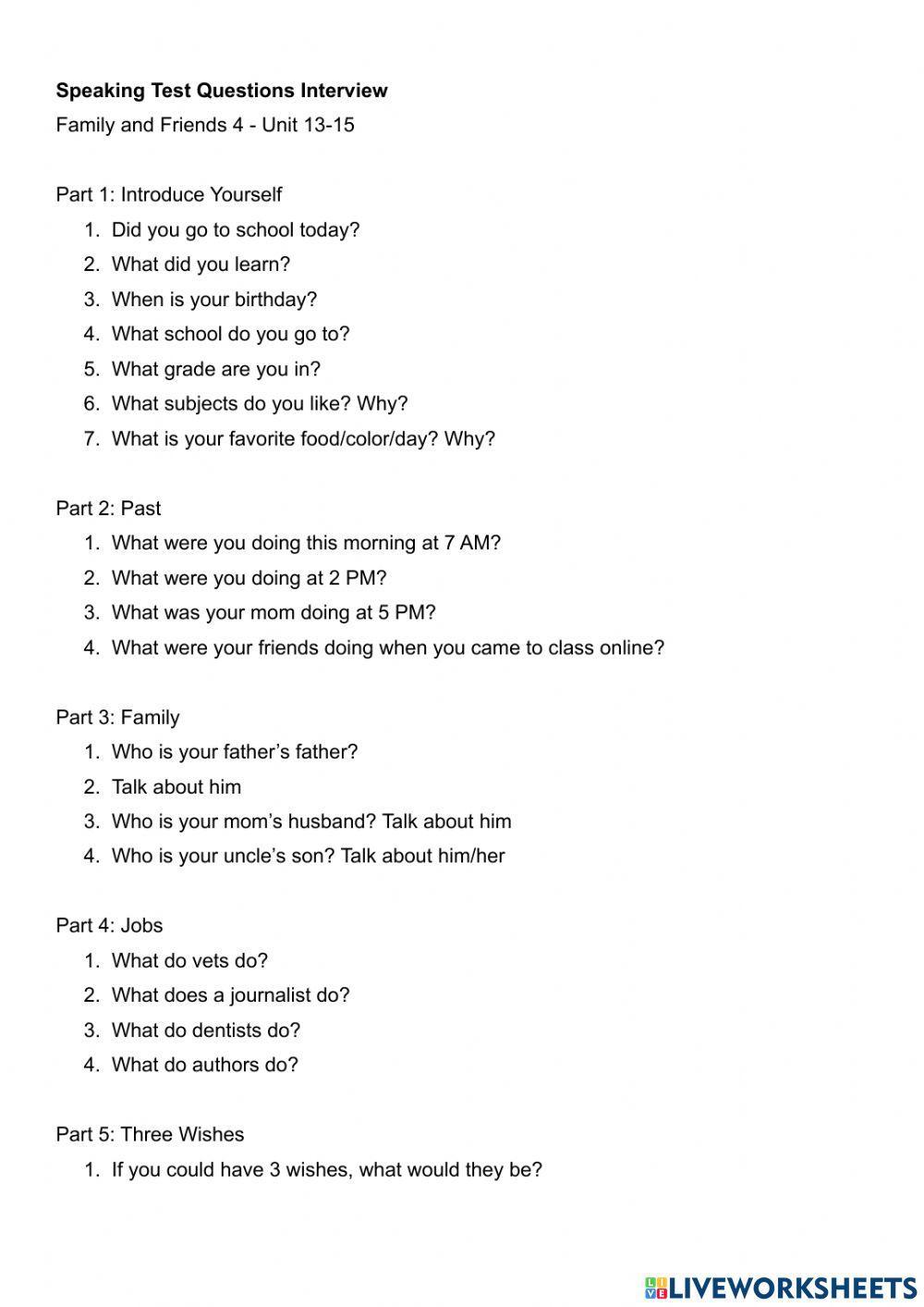 FF4 Speaking Test Questions Unit 13-15