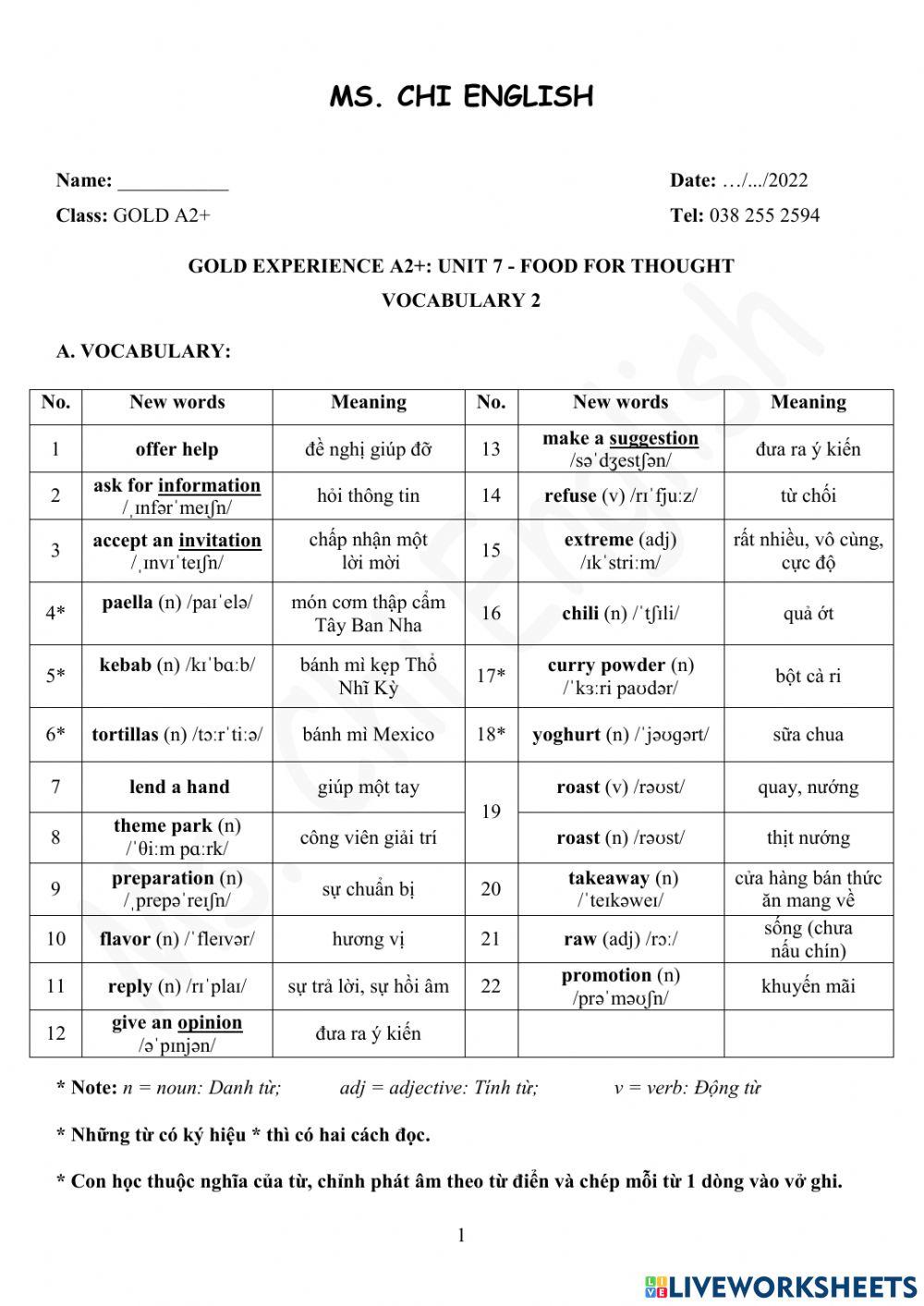 21.02.22 Gold A2+- U7 Vocab 2