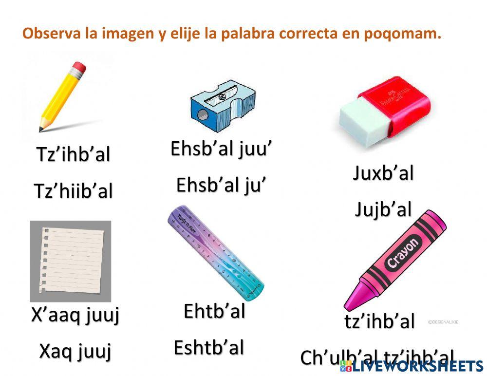 Útiles escolares en poqomam