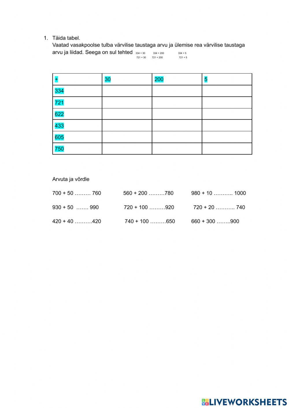 Täiskümnete ja sadade liitmine 1000  piires
