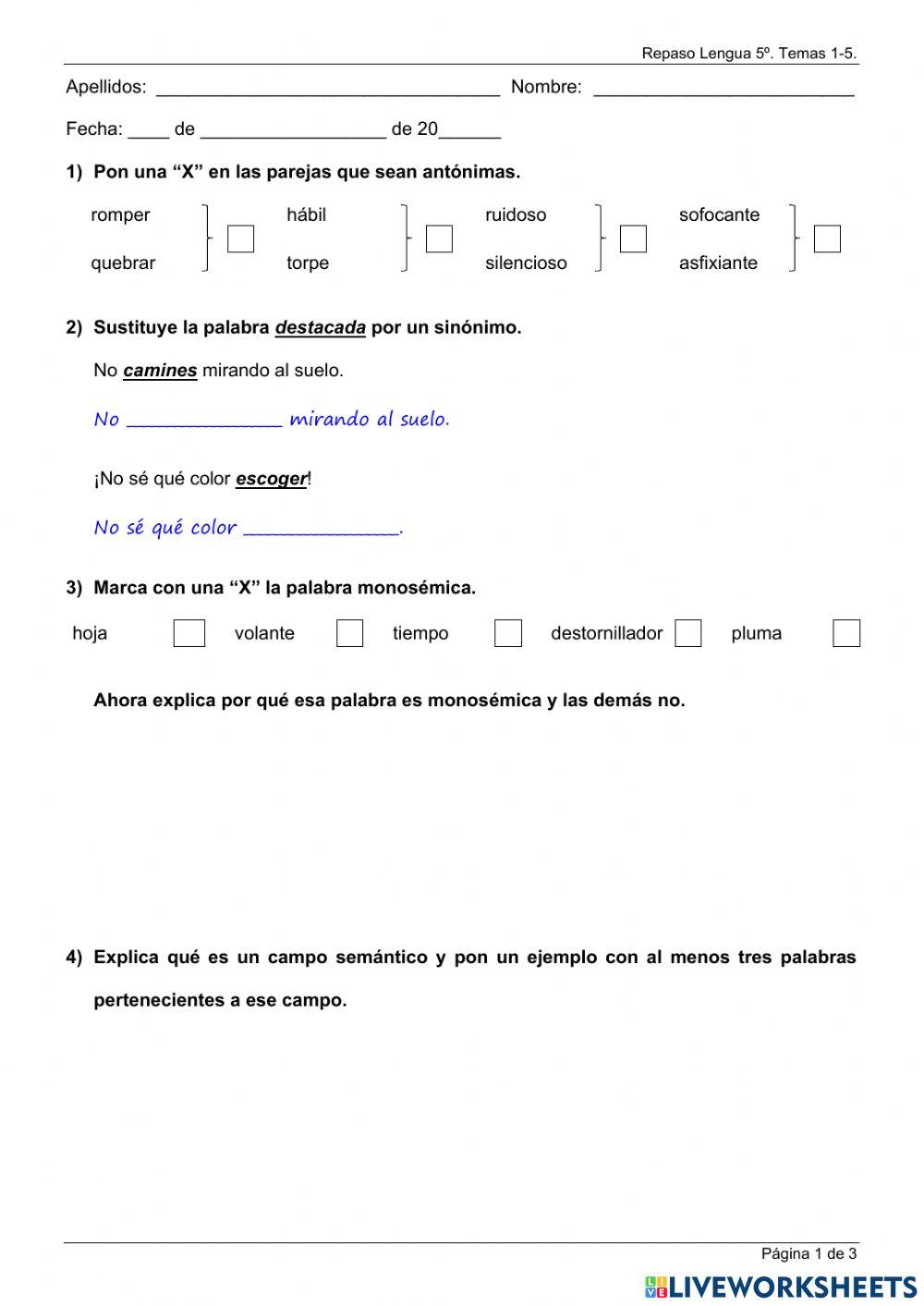 Repaso Primer Trimestre Lengua  5º Primaria