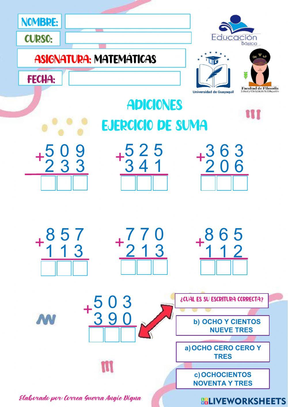 Universidad De Guayaquil-Ecuador - Adiciones-Sumas de tres cifras.