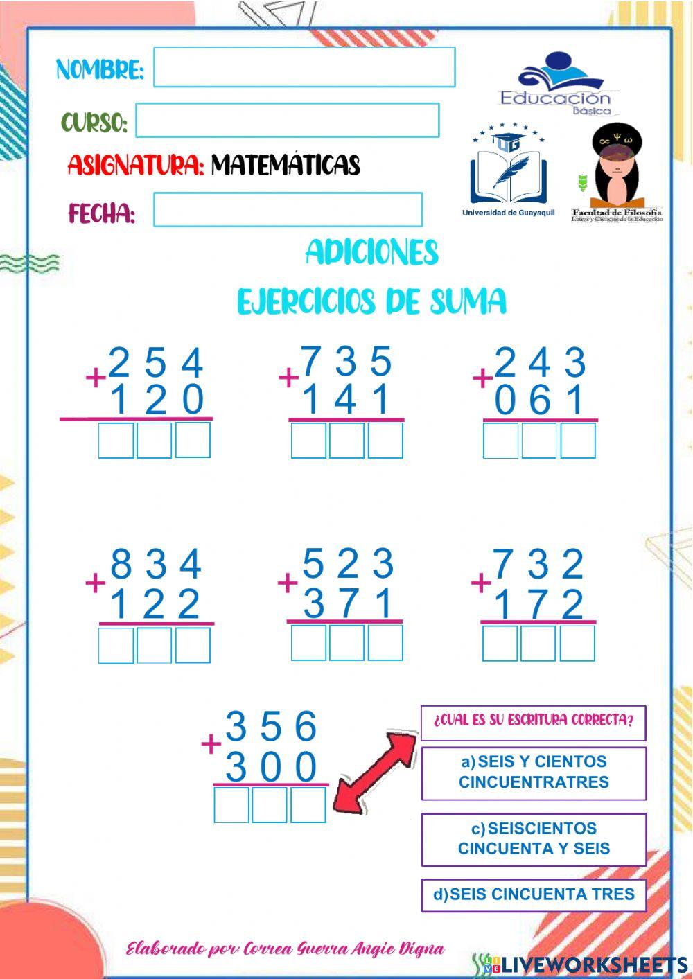 Universidad De Guayaquil-Ecuador - Adiciones-Sumas de tres cifras.