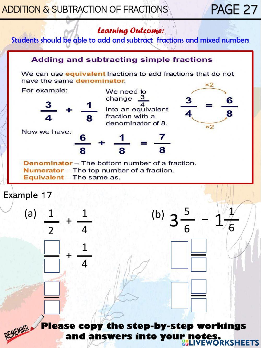 Addition and subtraction of fractions