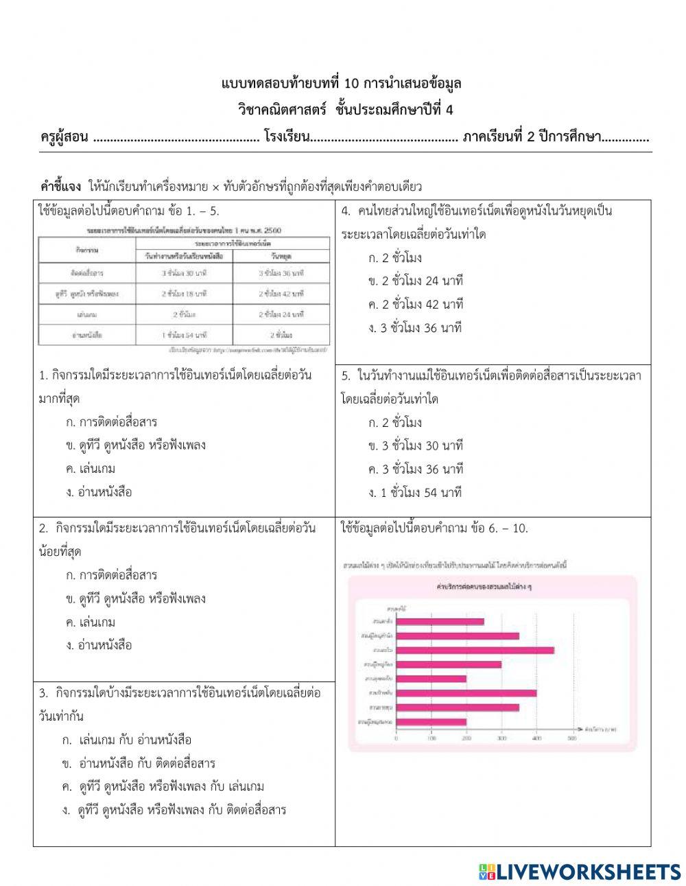 แบบฝึกหัดท้ายบท เลข p4 นำเสนอข้อมูล เทอม 2
