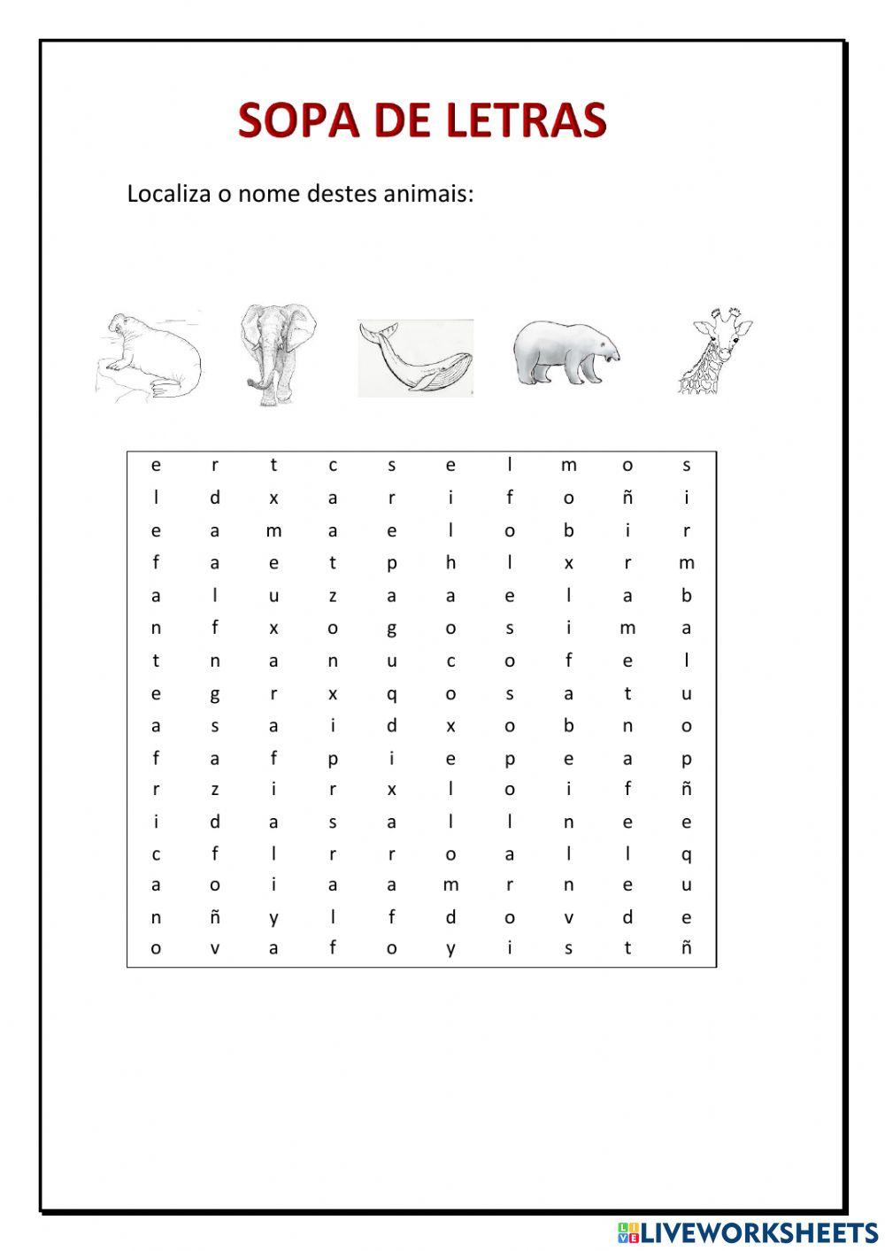 Sopa de letras animais grandes