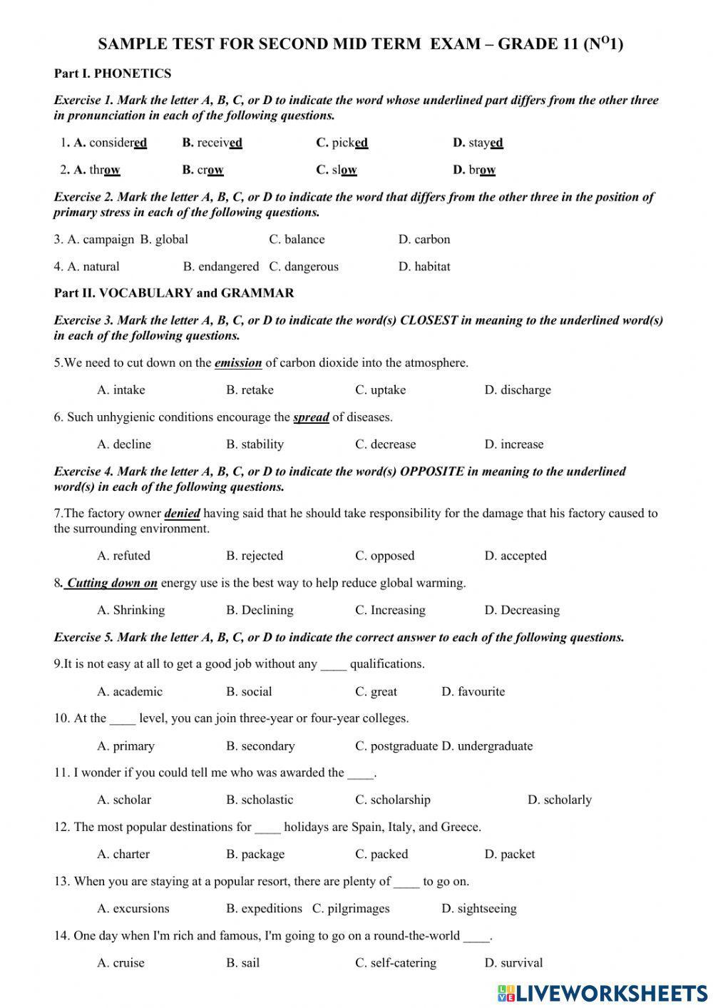 Sample test for SECOND MID TERM  EXAM – grade 11 (NO1)