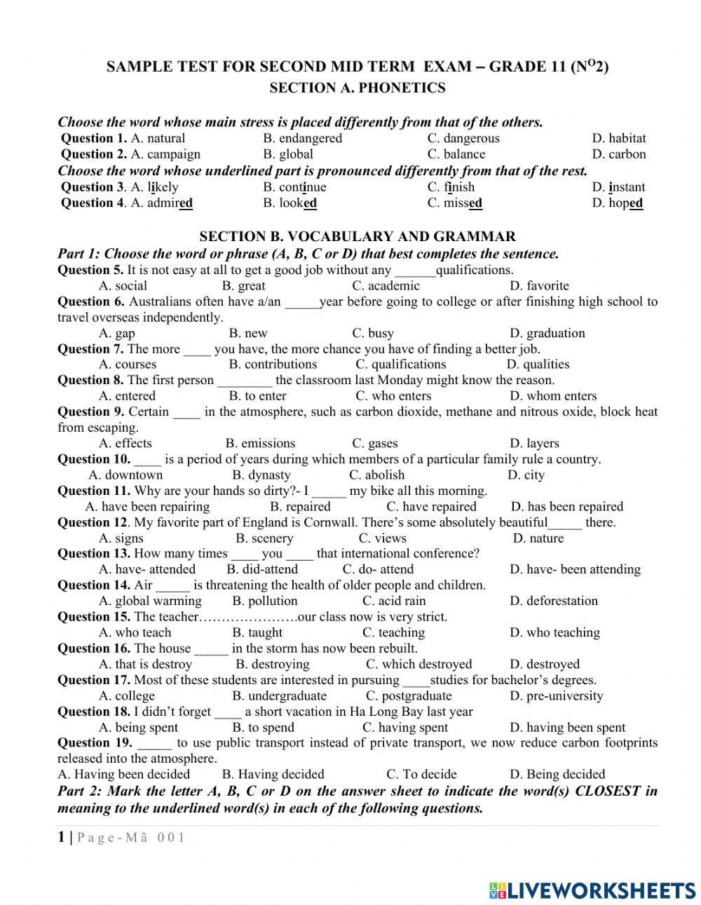 Sample test for SECOND MID TERM  EXAM – grade 11 (NO2)