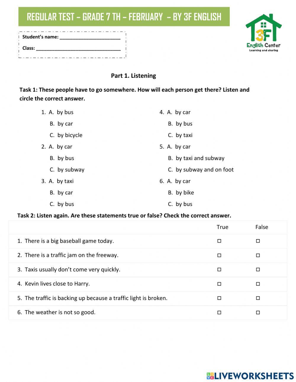 Regular test – grade 7 th – february