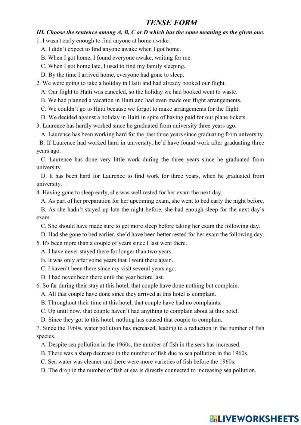 Ulis - Bài tập về thì, chọn câu đồng nghĩa