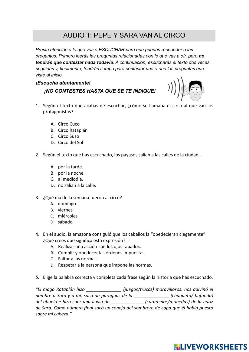 Comprensión oral: Pepe y Sara van al circo