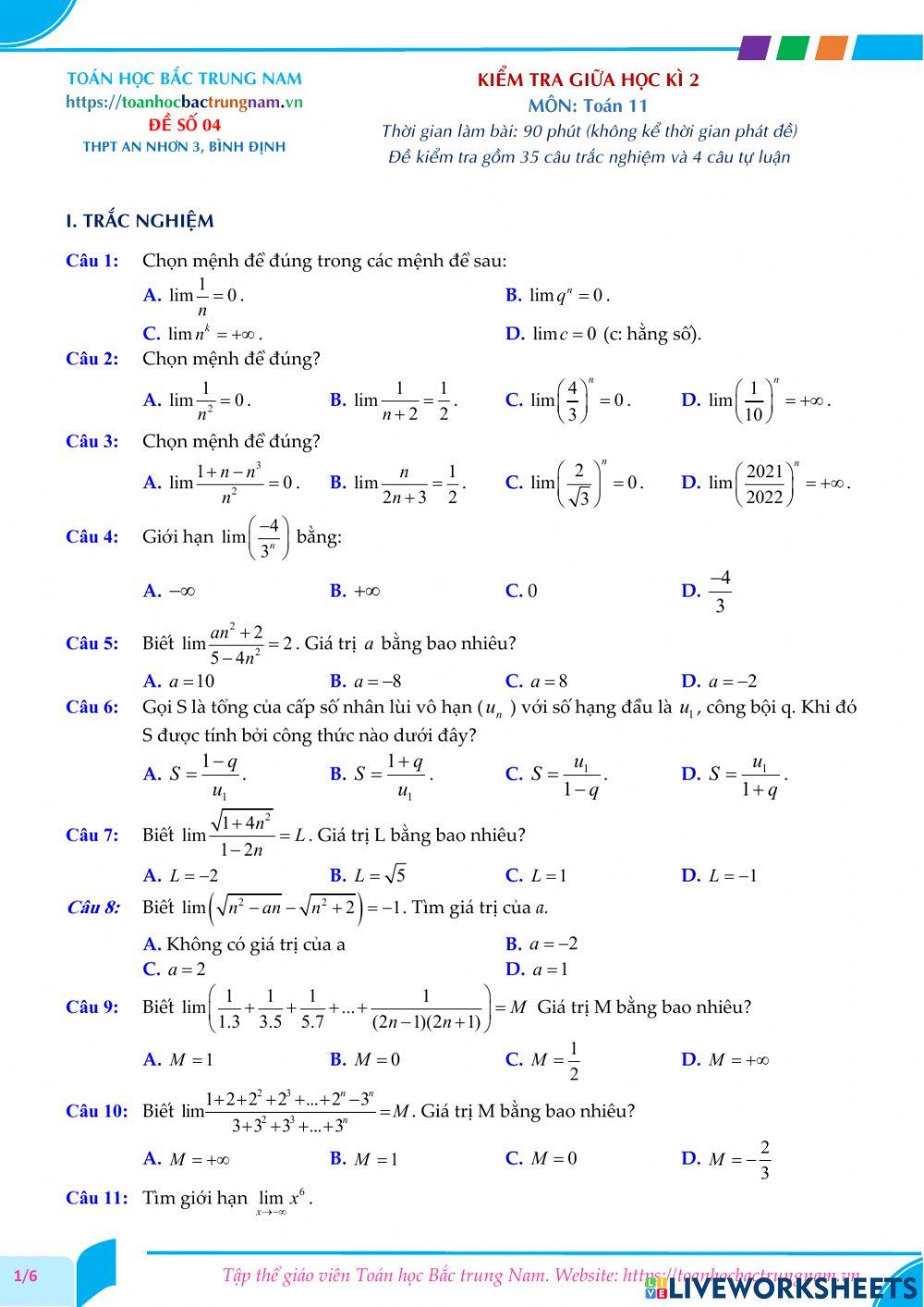 Toán 11-Kiểm tra GK2-THPT Số 3 An Nhơn, Bình Định-2021