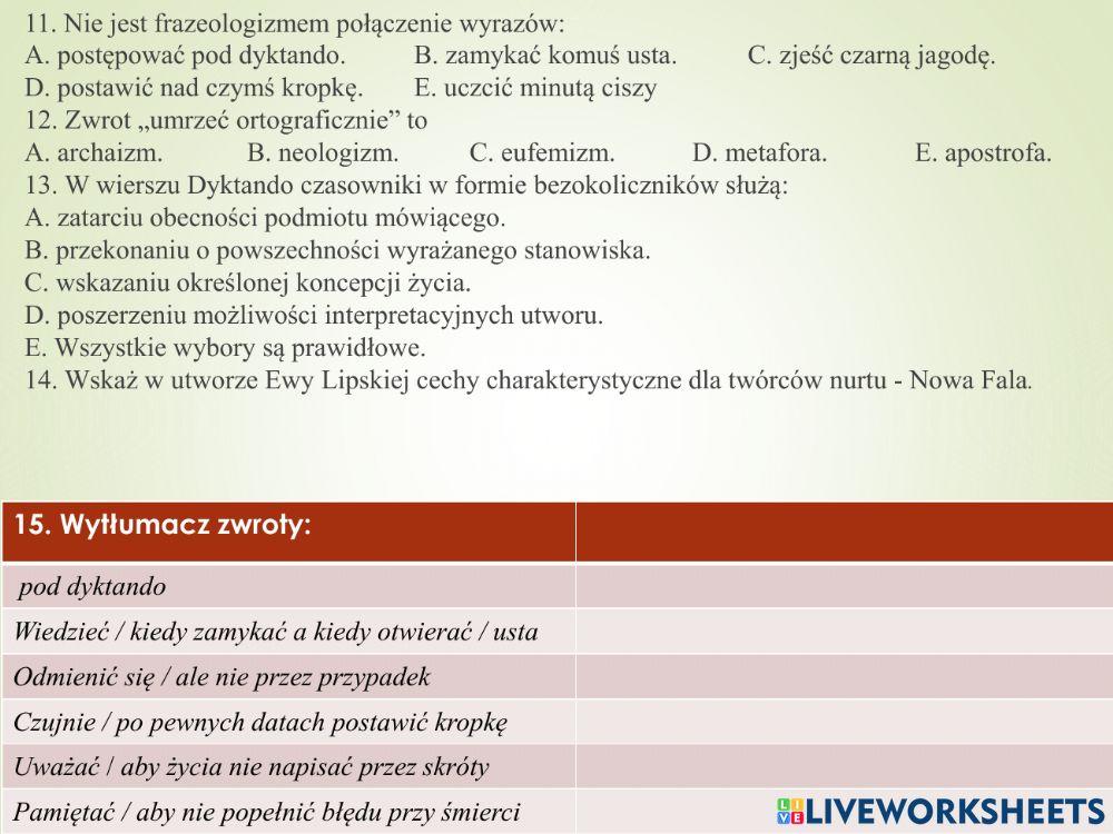 Dyktando Klasa 7 Do Uzupełnienia Ewa Lipska -Dyktando- worksheet | Live Worksheets