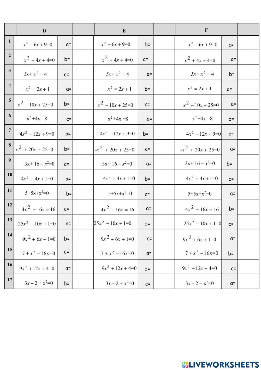 Cálculo mental: ecuacións de 2º grao