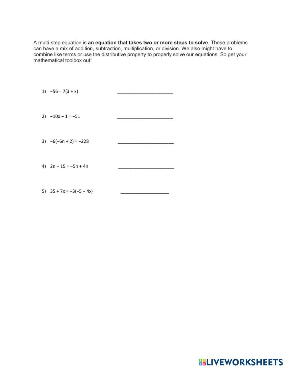 Multistep Equation Practice worksheet Live Worksheets