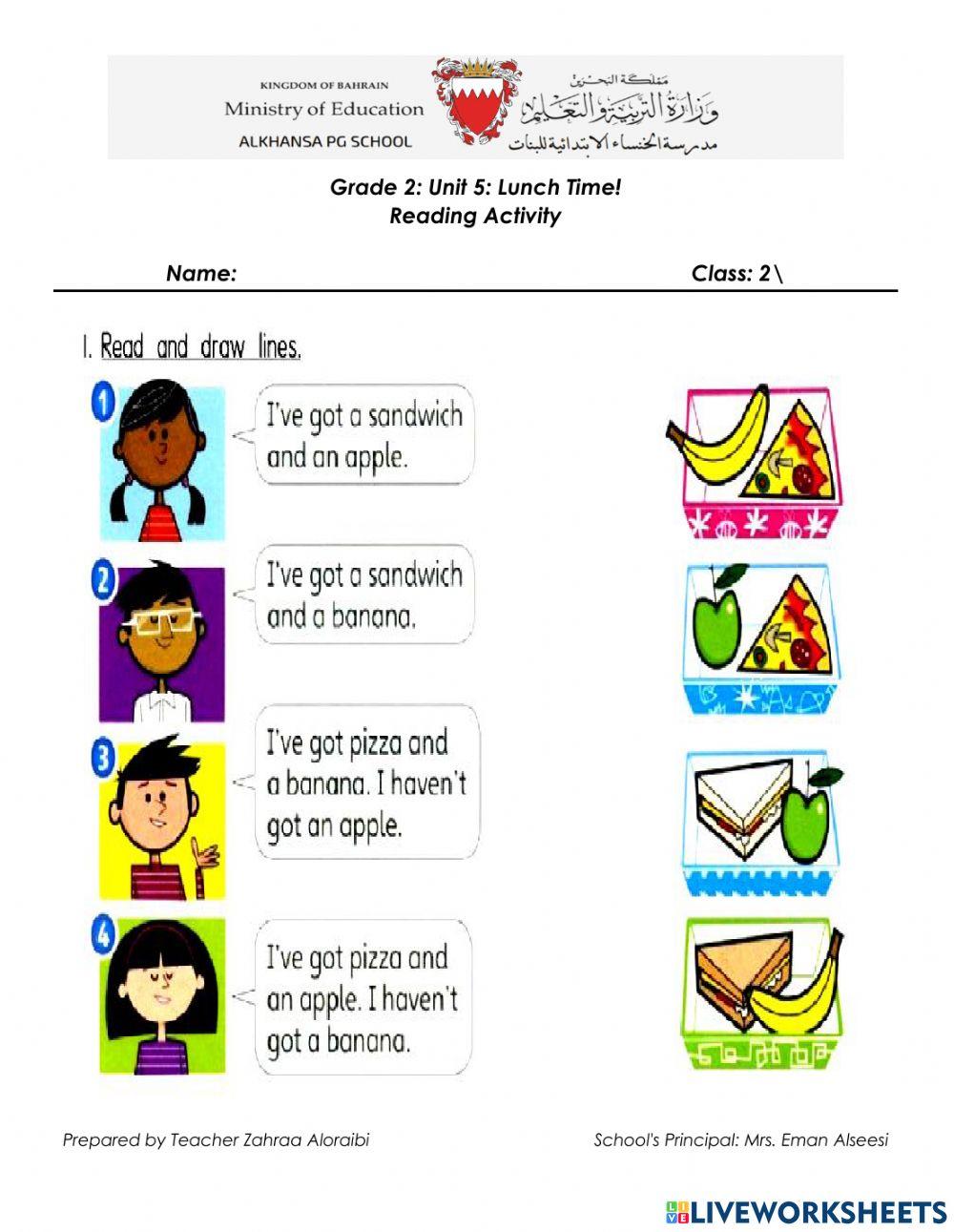 Grade 2 unit 5 lunch time reading activity online exercise for live