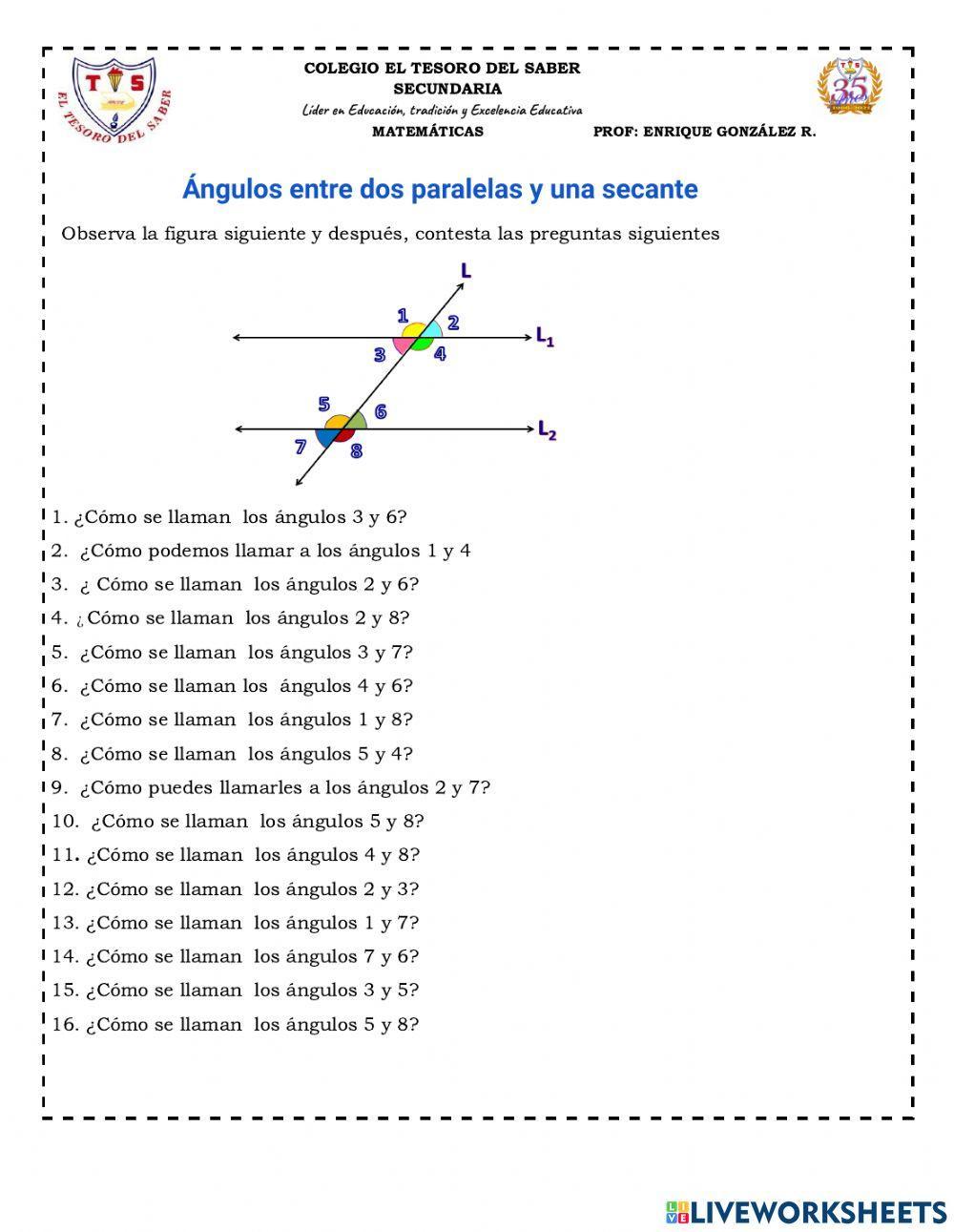 Ángulos entres dos rectas paralelas cortadas por una secante