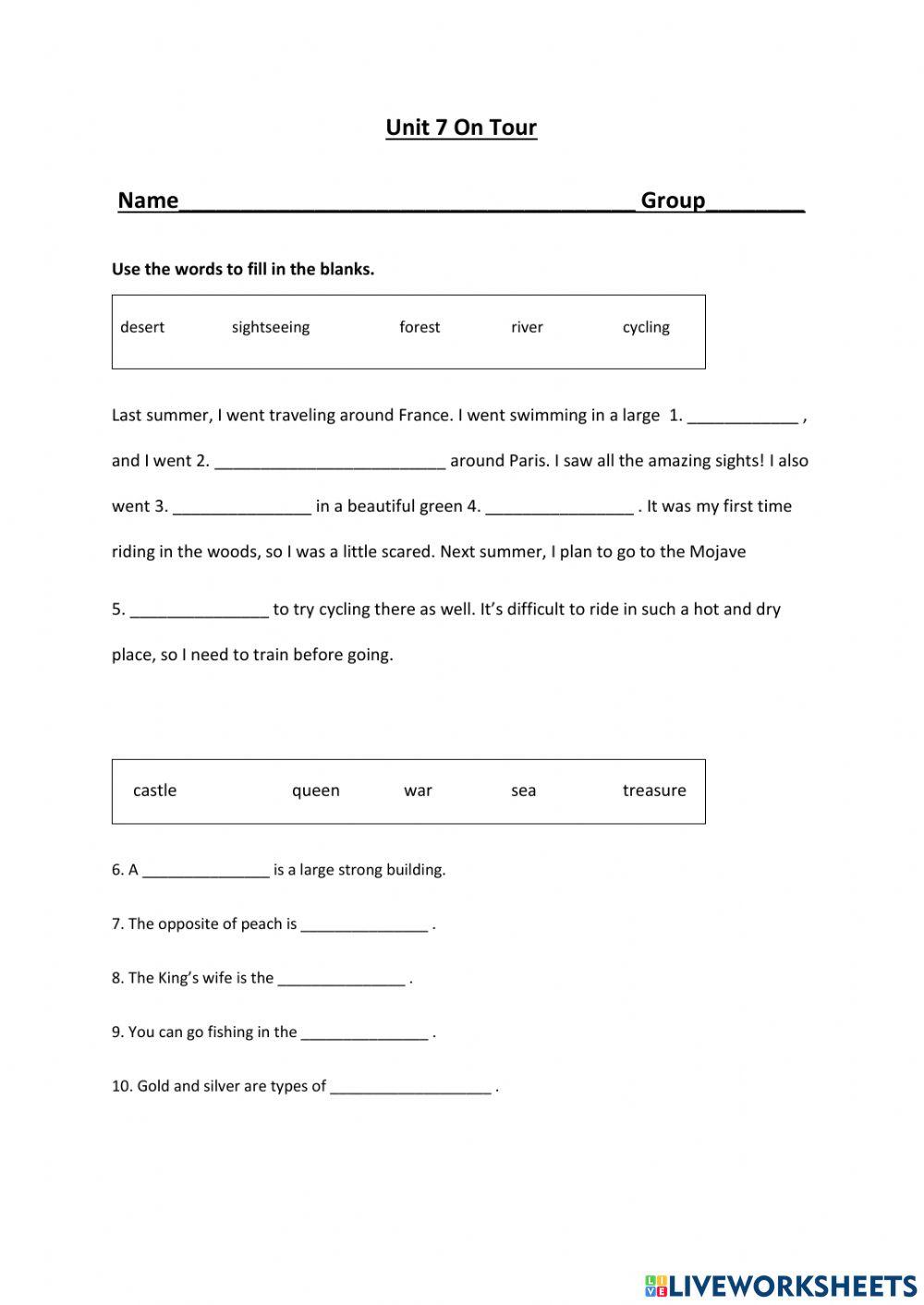 Unit 7 online exercise for | Live Worksheets