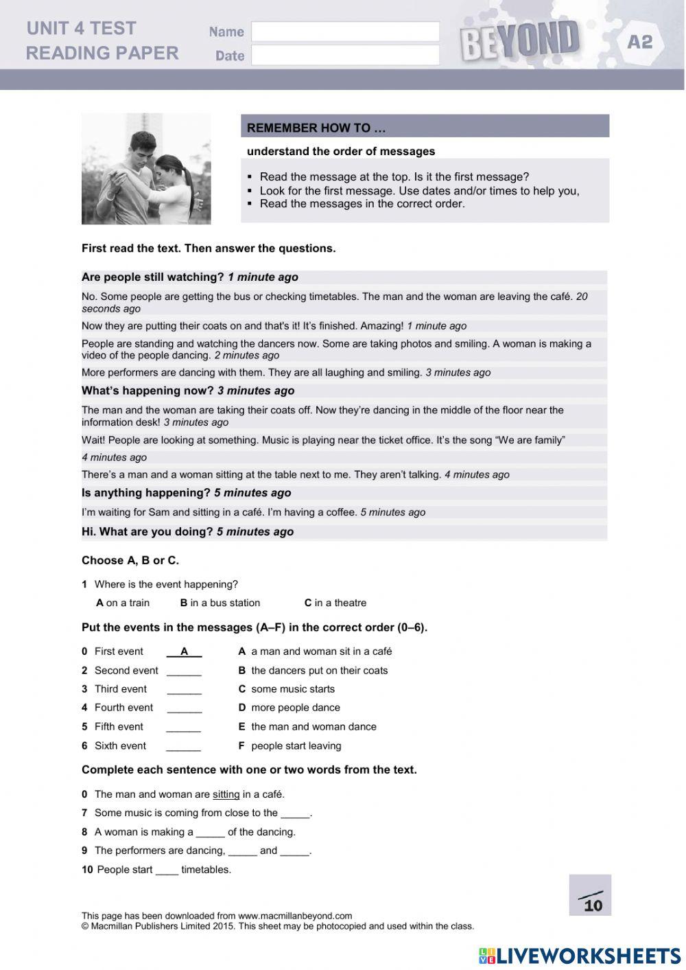 A2 unit 4 reading online exercise for live worksheets