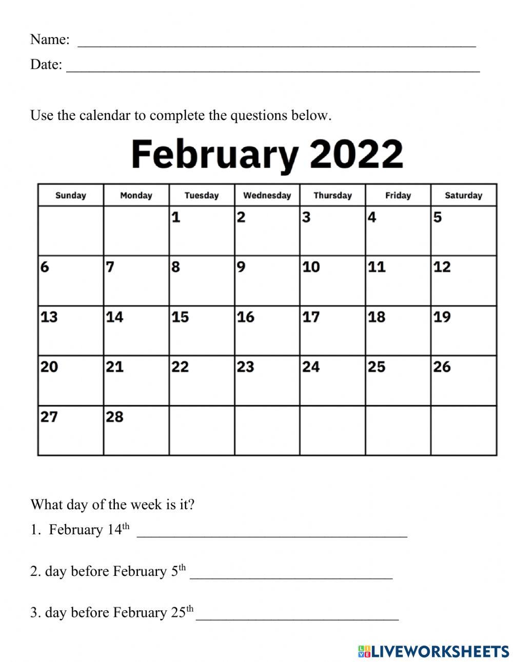 Calendar Activity For 1 Live Worksheets Calendar Activity For 1 Live Worksheets