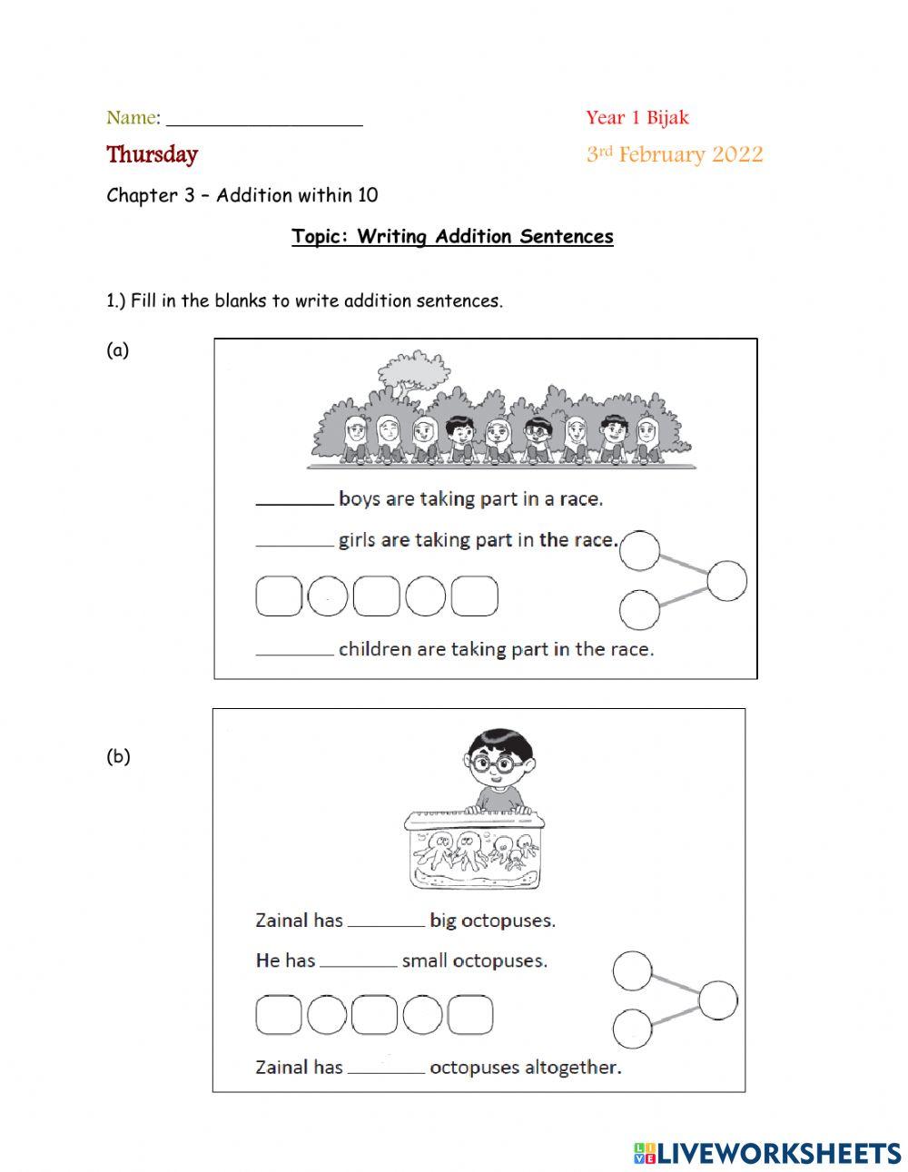 Writing addition sentences