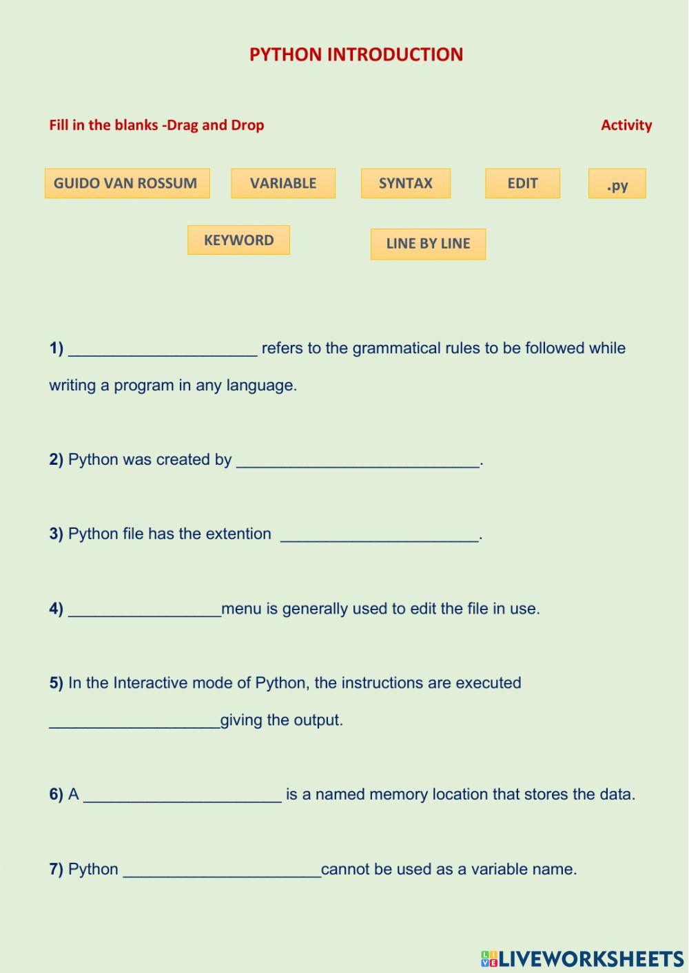 PYTHON INTRODUCTION online exercise for | Live Worksheets