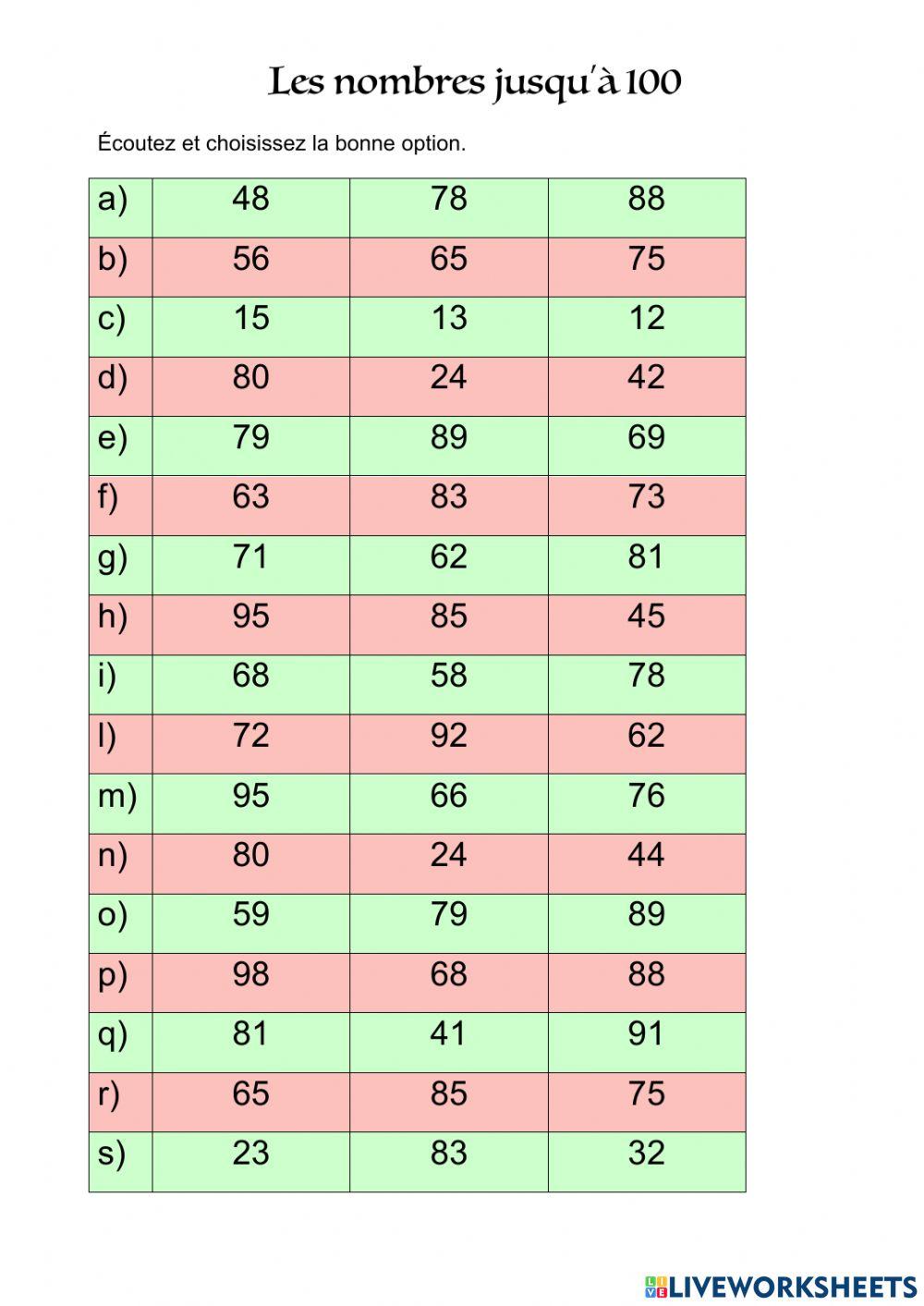Nombres jusqu'à 100