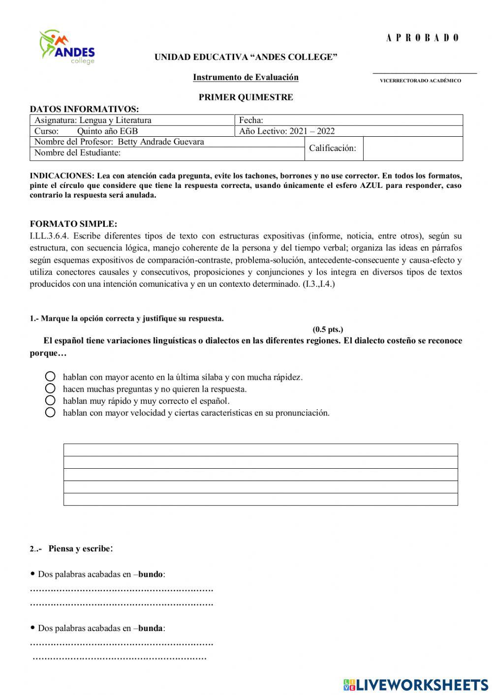 Evaluación Quimestral Lengua