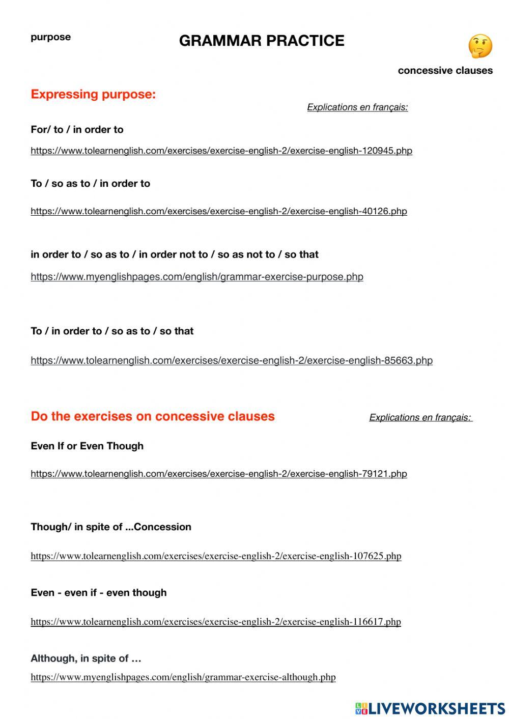 Grammar practice purpose and concession