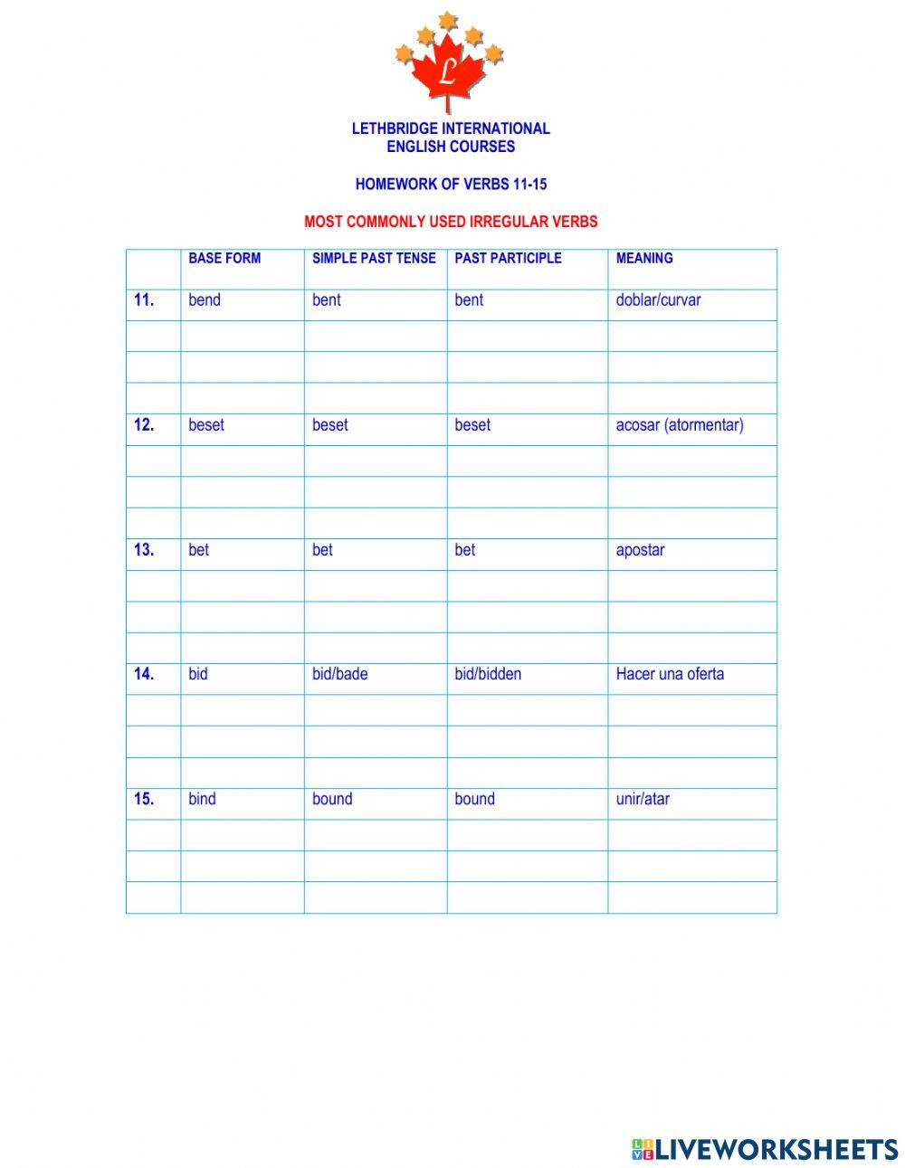 Homework of verbs 11-15