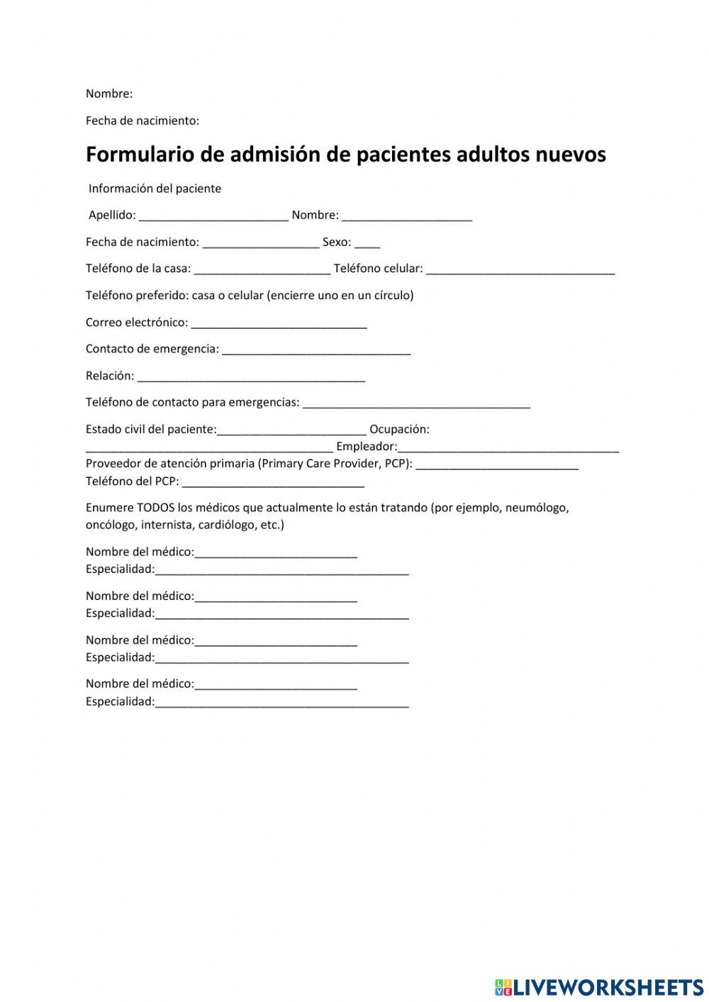 Patient Intake worksheet | Live Worksheets