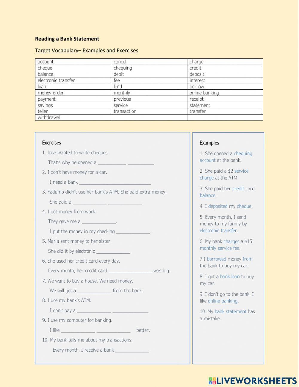 Bank Statement Vocabulary