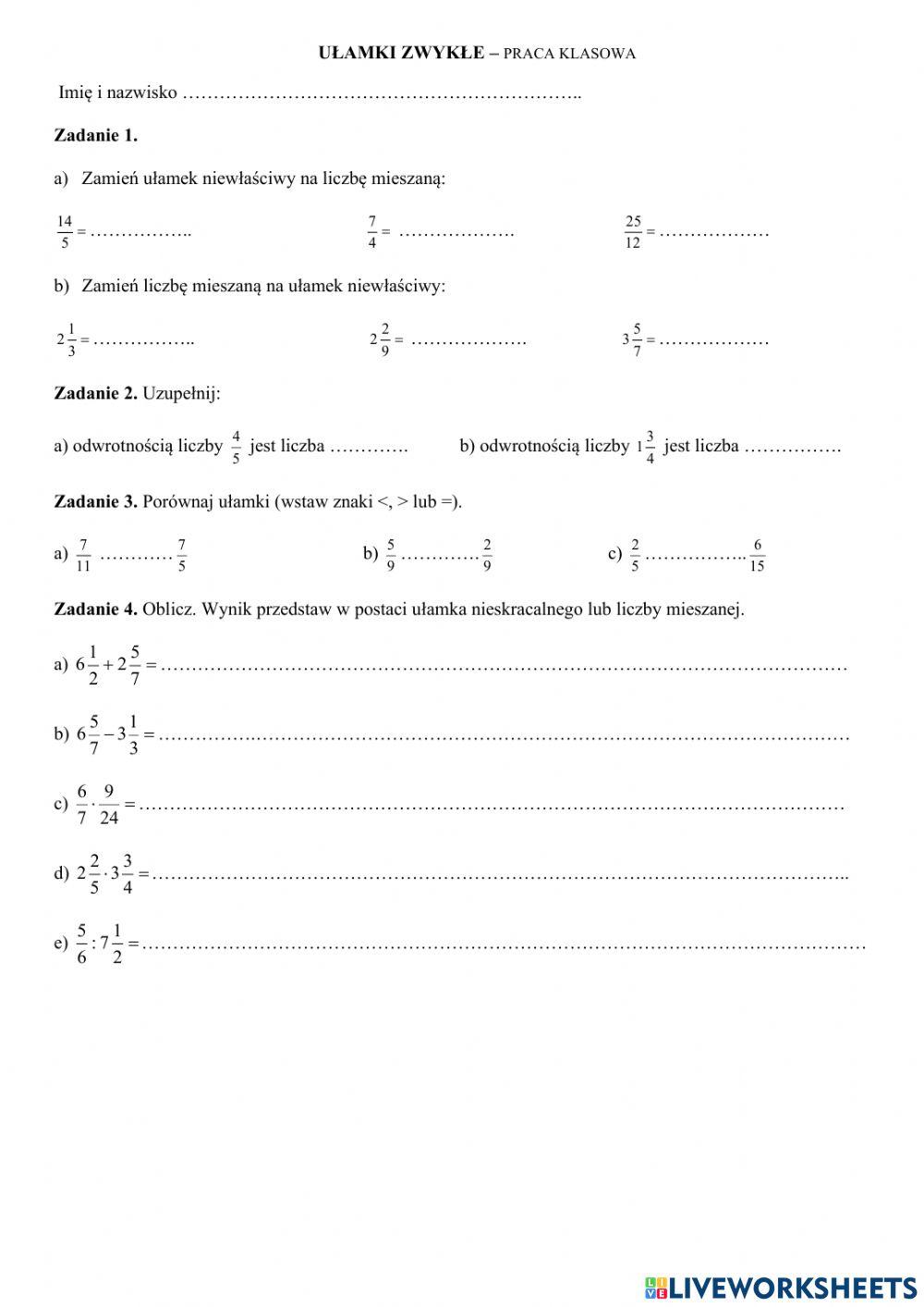 Praca Klasowa Z Dziadów Cz 3 Praca klasowa - ułamki zwykłe online exercise for | Live Worksheets