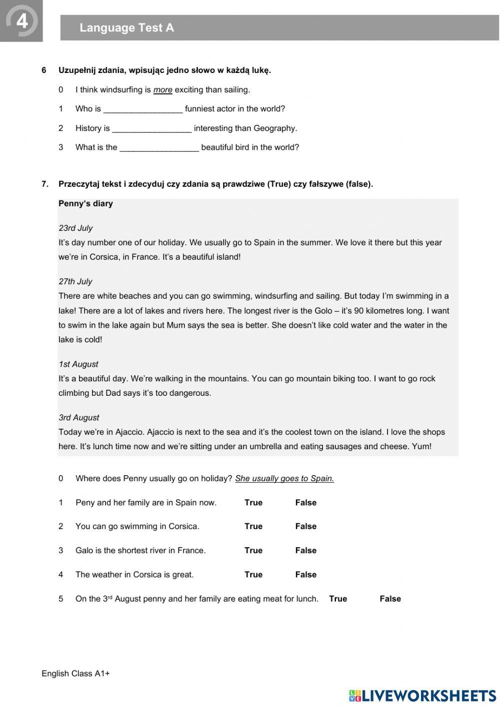 English Class A2+ test Unit 4