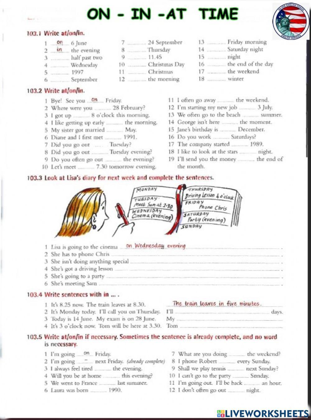 On in at  time prepositions