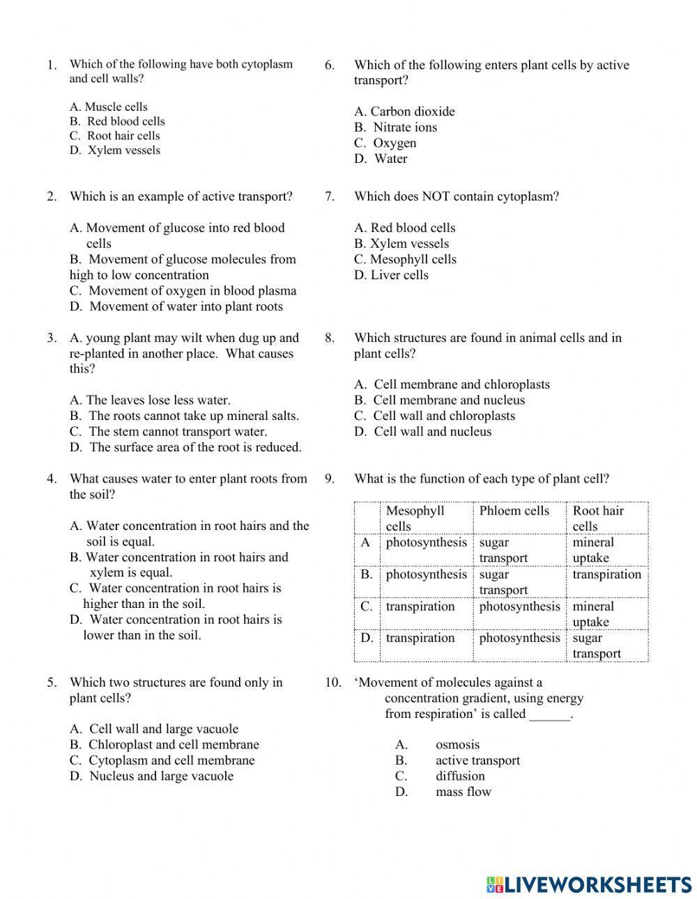 Year 10 Cells and Molecular Transport MCQ 2022