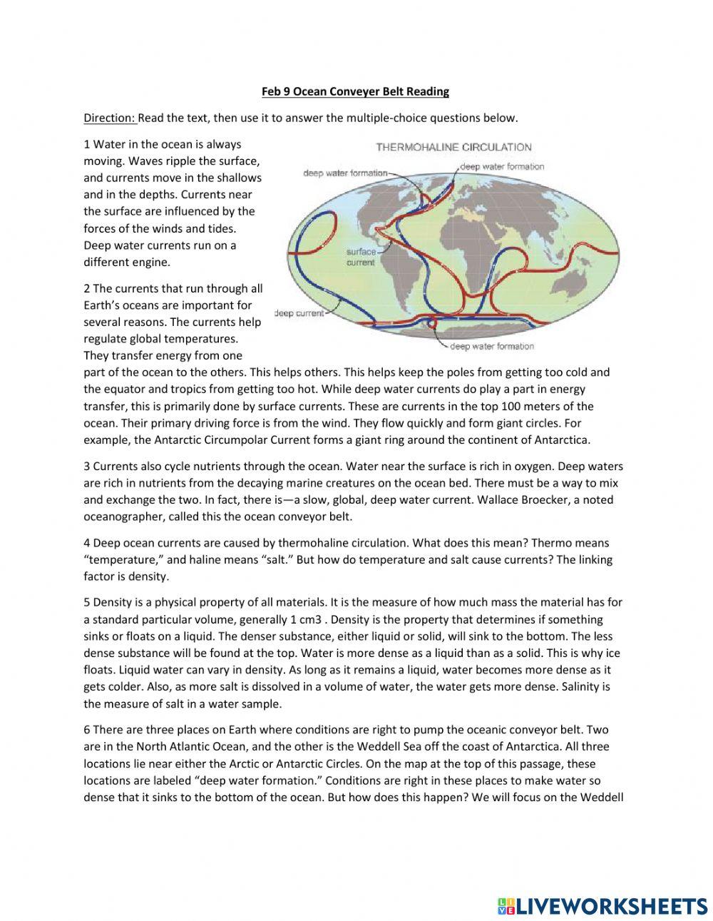 Feb 9 Ocean Conveyer Belt Reading worksheet Live Worksheets