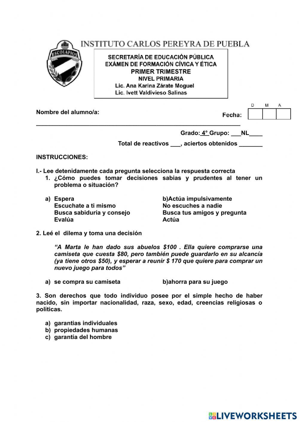 Examen Formación Cívica y Ética