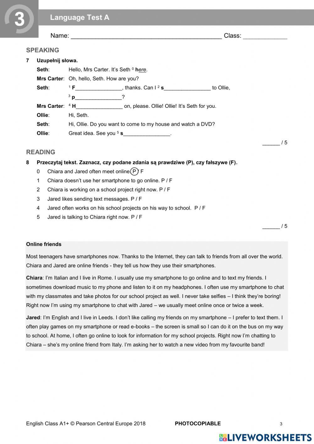 English Class A1+ Unit 3 Test