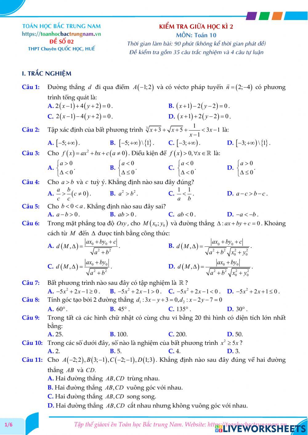 Toán 10-Kiểm tra GK2-THPT Chuyên Quốc học, Huế-2021