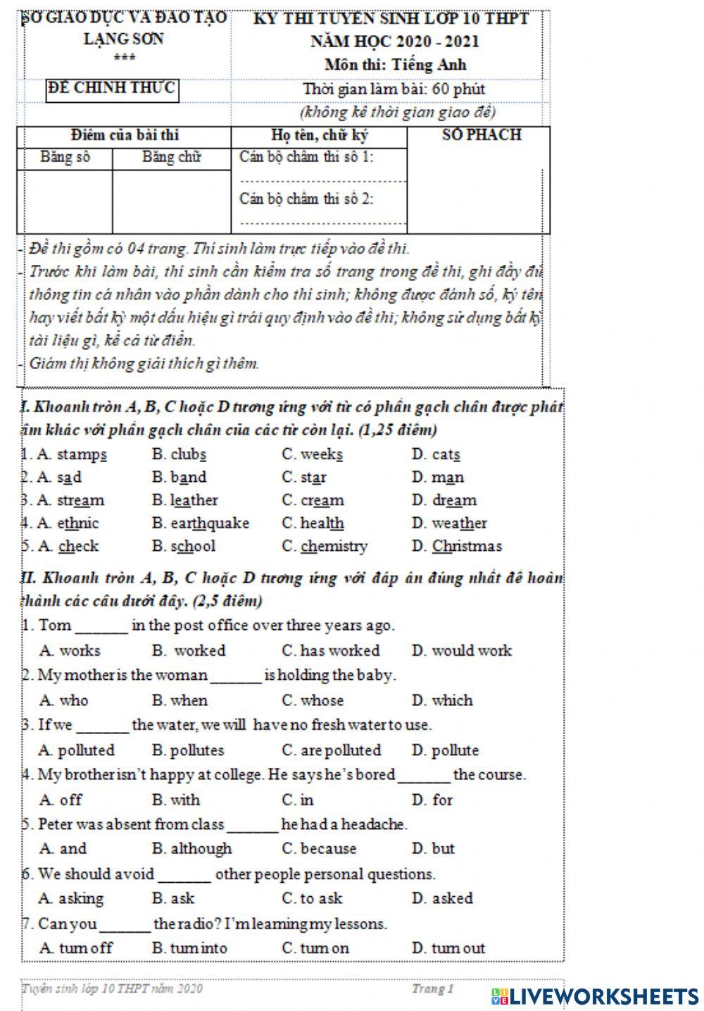 Test 20-21 (Teacher: Nong Le Van)