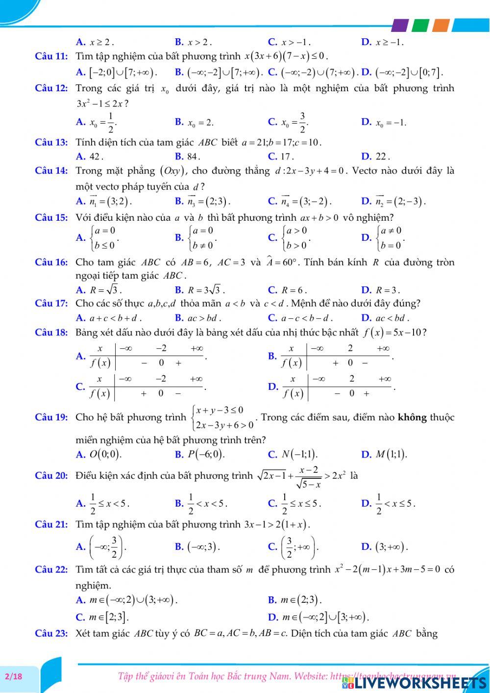 Toán 10-Kiểm tra GK2-THPT Hai Bà Trưng, Huế-2021