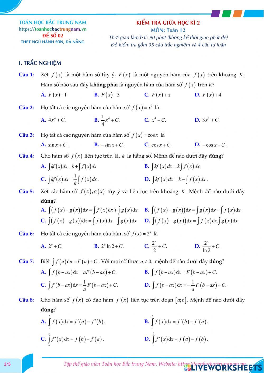 Toán 12-Kiểm tra GK2-THPT Ngũ Hành Sơn, Đà Nẵng-2021
