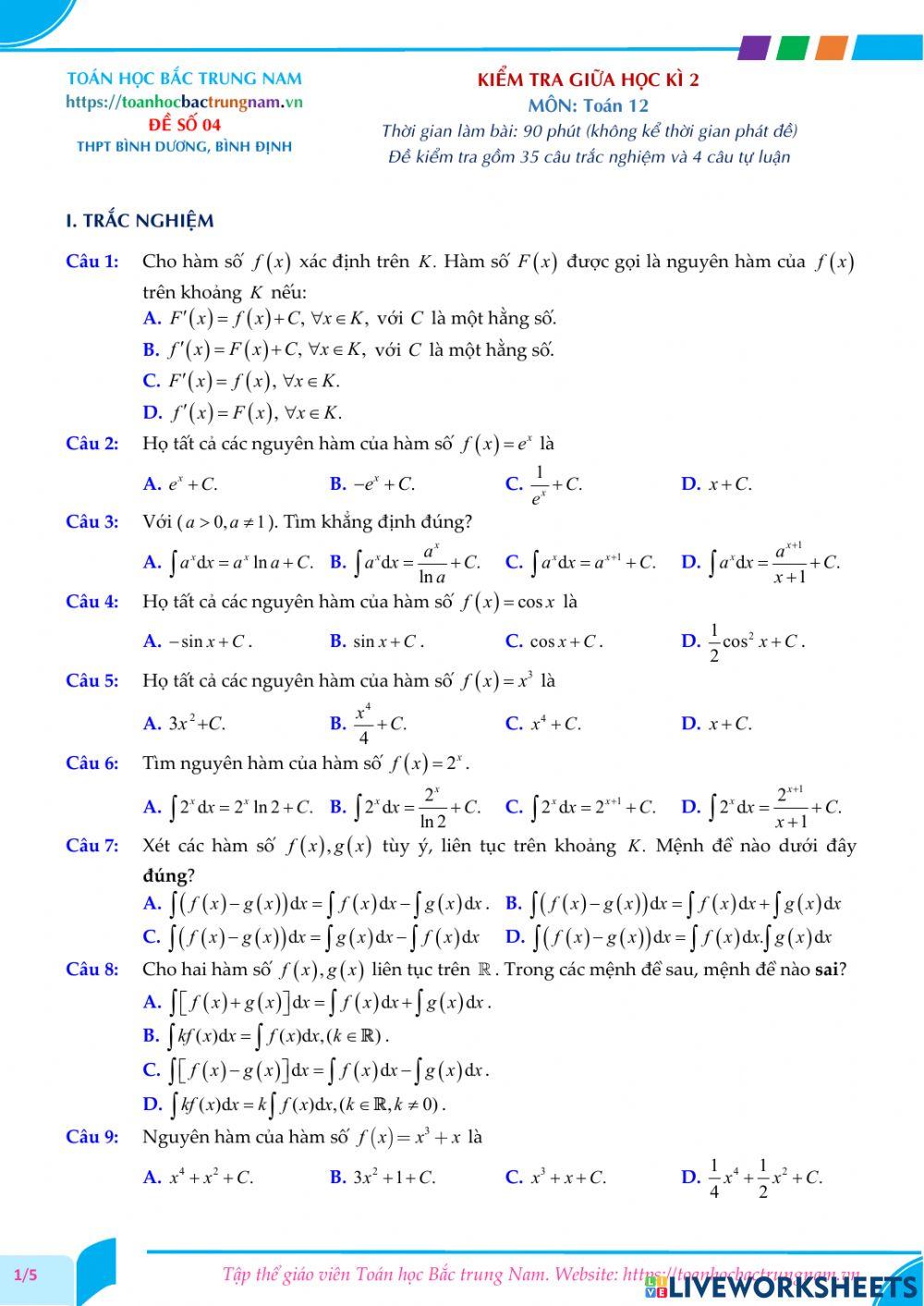 Toán 12-Kiểm tra GK2-THPT Bình Dương, Bình Định-2021